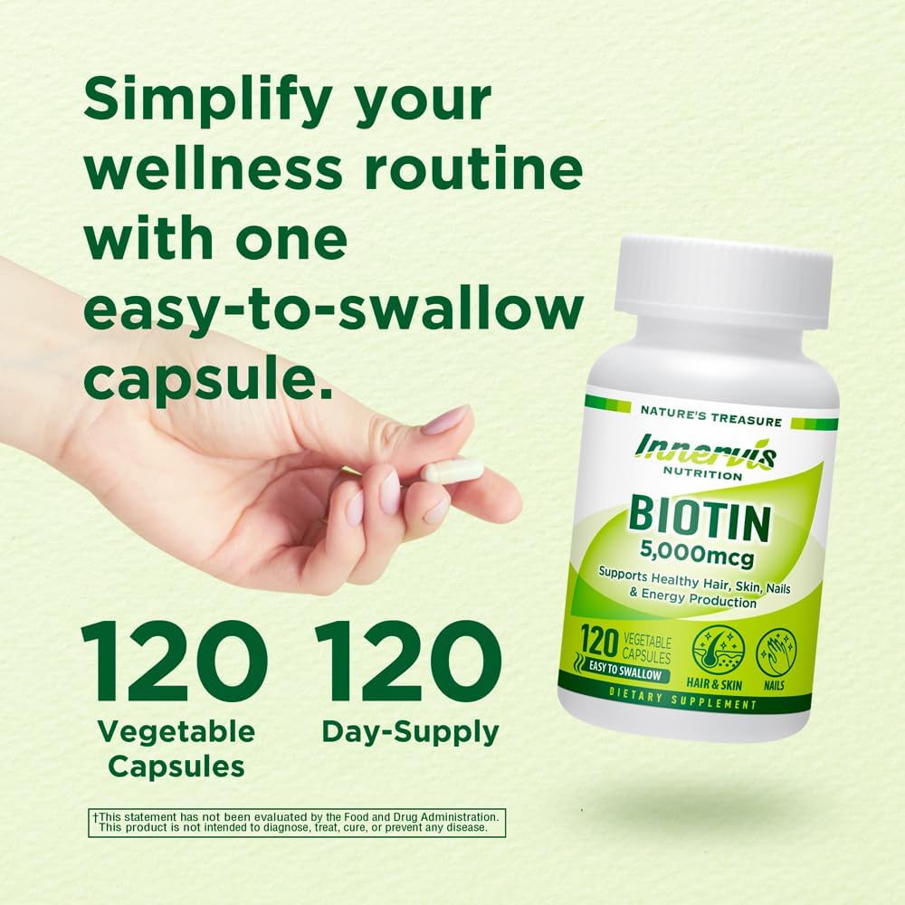 INNERVISNUTRITION High Potency Biotin 5000 mcg – Contributes to Normal Hair, Skin & Nail Health, 120 Veggie Capsules - görsel 5