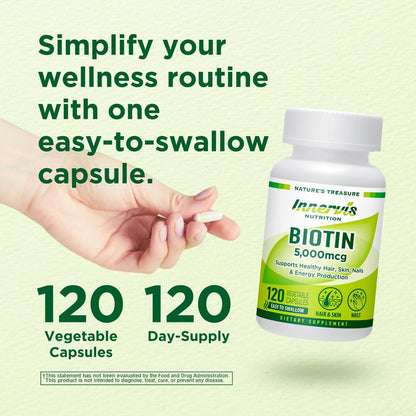 INNERVISNUTRITION High Potency Biotin 5000 mcg – Contributes to Normal Hair, Skin & Nail Health, 120 Veggie Capsules
