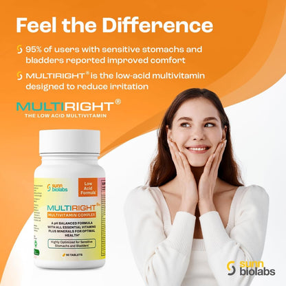 MULTIRIGHT Low Acid Multivitamin | Bladder-Friendly | 14 Vitamins and 14 Minerals | pH Balanced | 90 Tablets