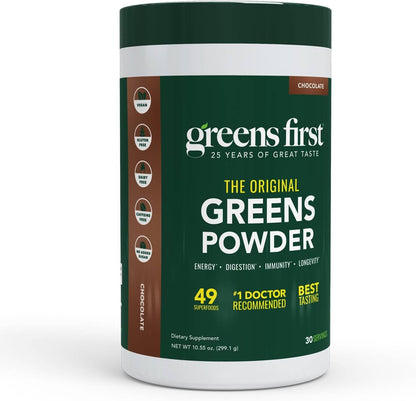 Greens First Original Greens Powder - 49 Superfoods, Organic Fruits & Vegetables, Prebiotics & Probiotics, Chocolate - 30 Servings