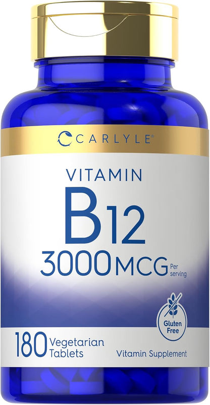 Carlyle Vitamin B12 3000 mcg, 180 Tablets - Vegetarian, Non-GMO, Gluten-free Supplement