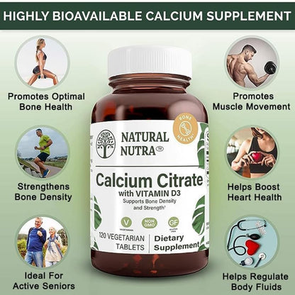 Natural Nutra Calcium Citrate with Vitamin D3 – Food Supplement for Bone Strength, Muscle Function and General Health, 120 Tablets