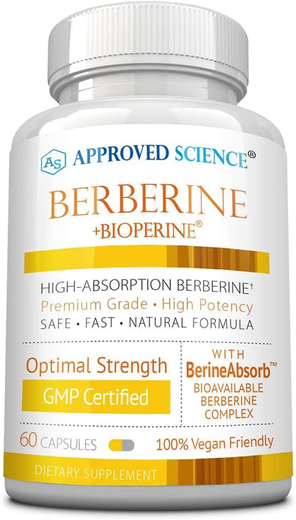 Approved Science Berberine 1000mg – High Absorption Berberine Supplement with BioPerine – 60 Capsules – 1 Month Supply – Vegan