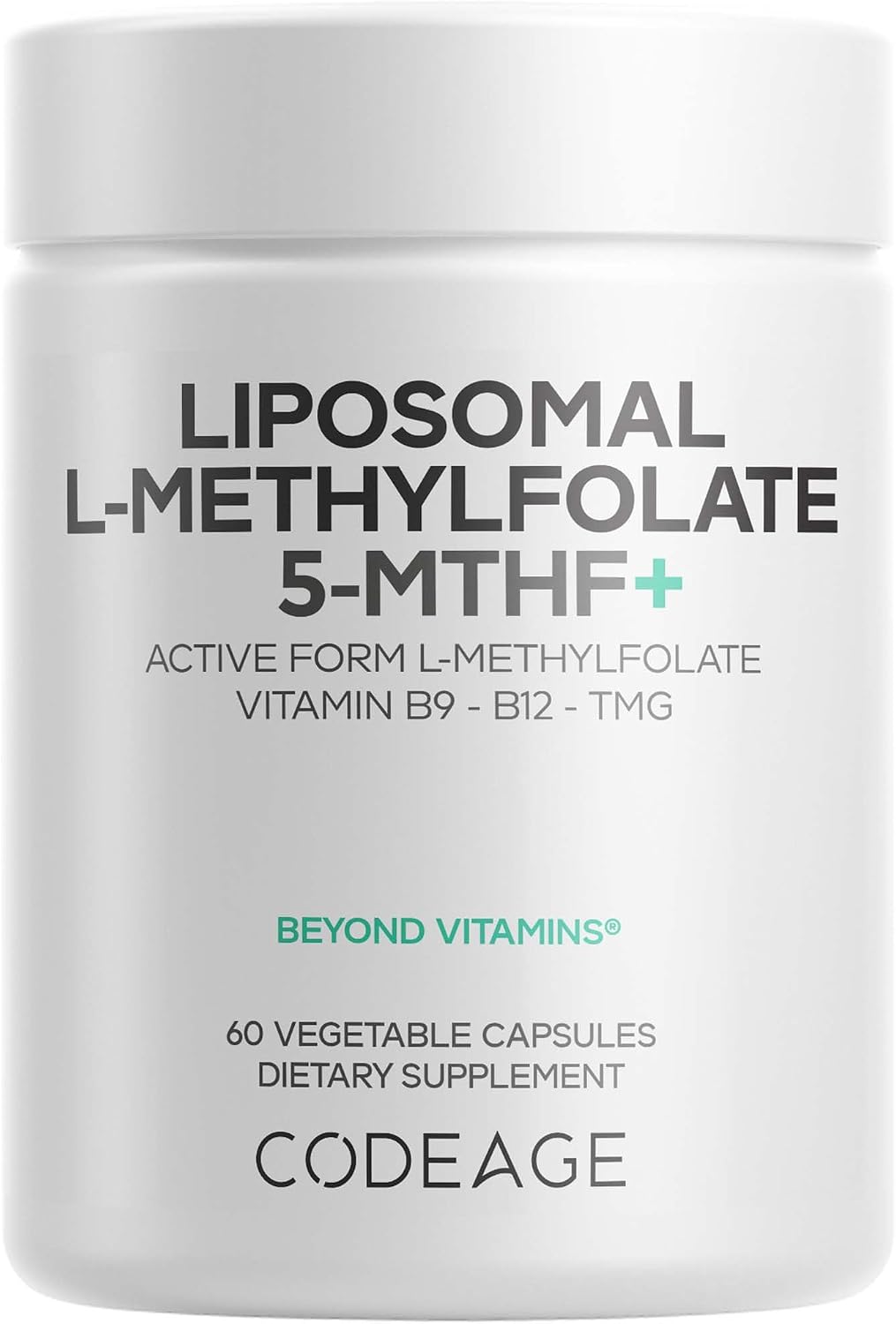 Codeage Liposomal L-Methylfolate 5-MTHF+ - Active Vitamin B9, Methylcobalamin B12, Betaine TMG, B6 - 2-Month Supply Multivitamins - Liposomal Delivery - Bioavailable B-Vitamin Complex - 60 Capsules - görsel 1