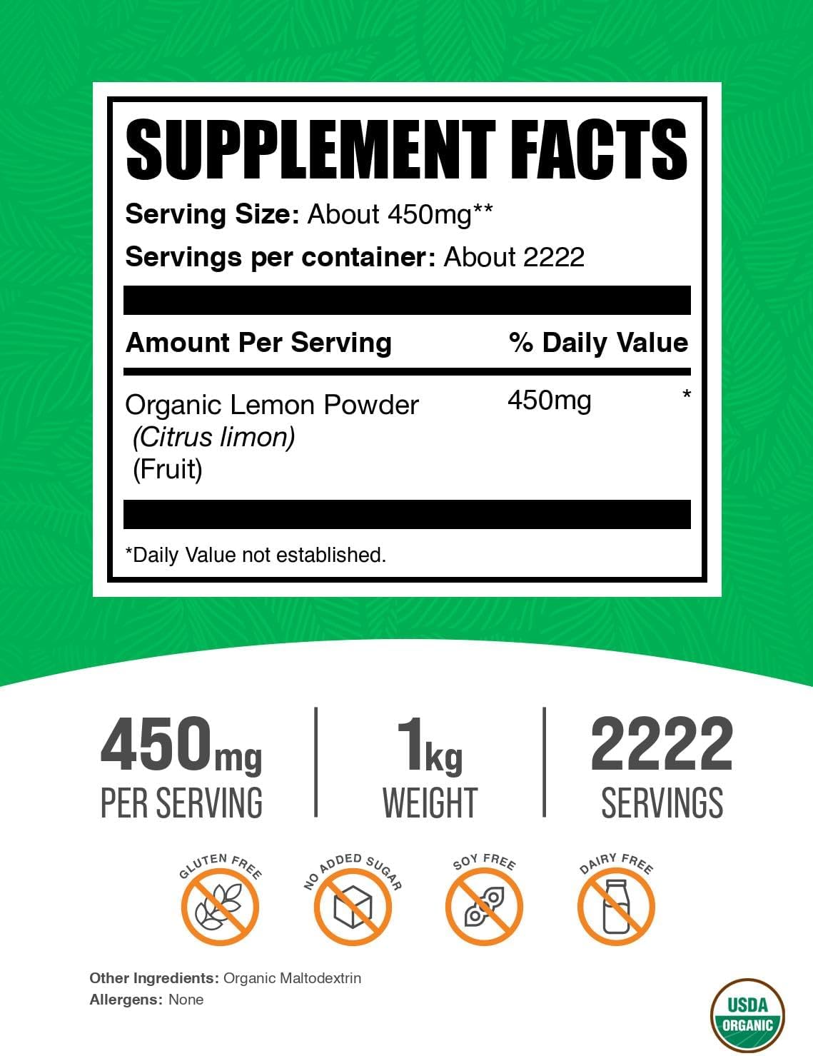 BulkSupplements.com Organic Lemon Powder - Natural Vitamin C Source, 450mg per Serving, 1kg - görsel 2