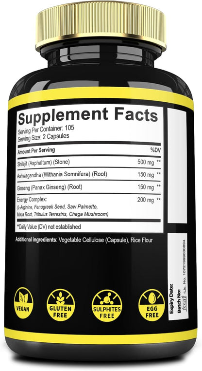 9in1 Shilajit Pure Himalayan Organic with Ashwagandha Root, Panax Ginseng, L-Arginine, Chaga & More – 210 Capsules