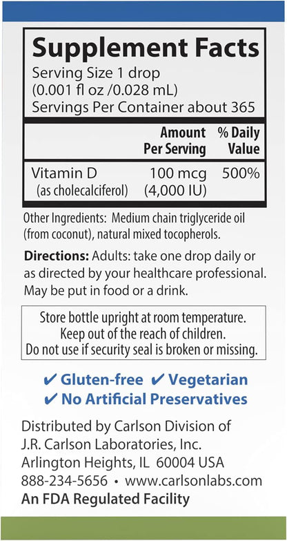 Carlson Super Daily D3 4,000 IU (100 mcg), Unflavoured, 365 Drops