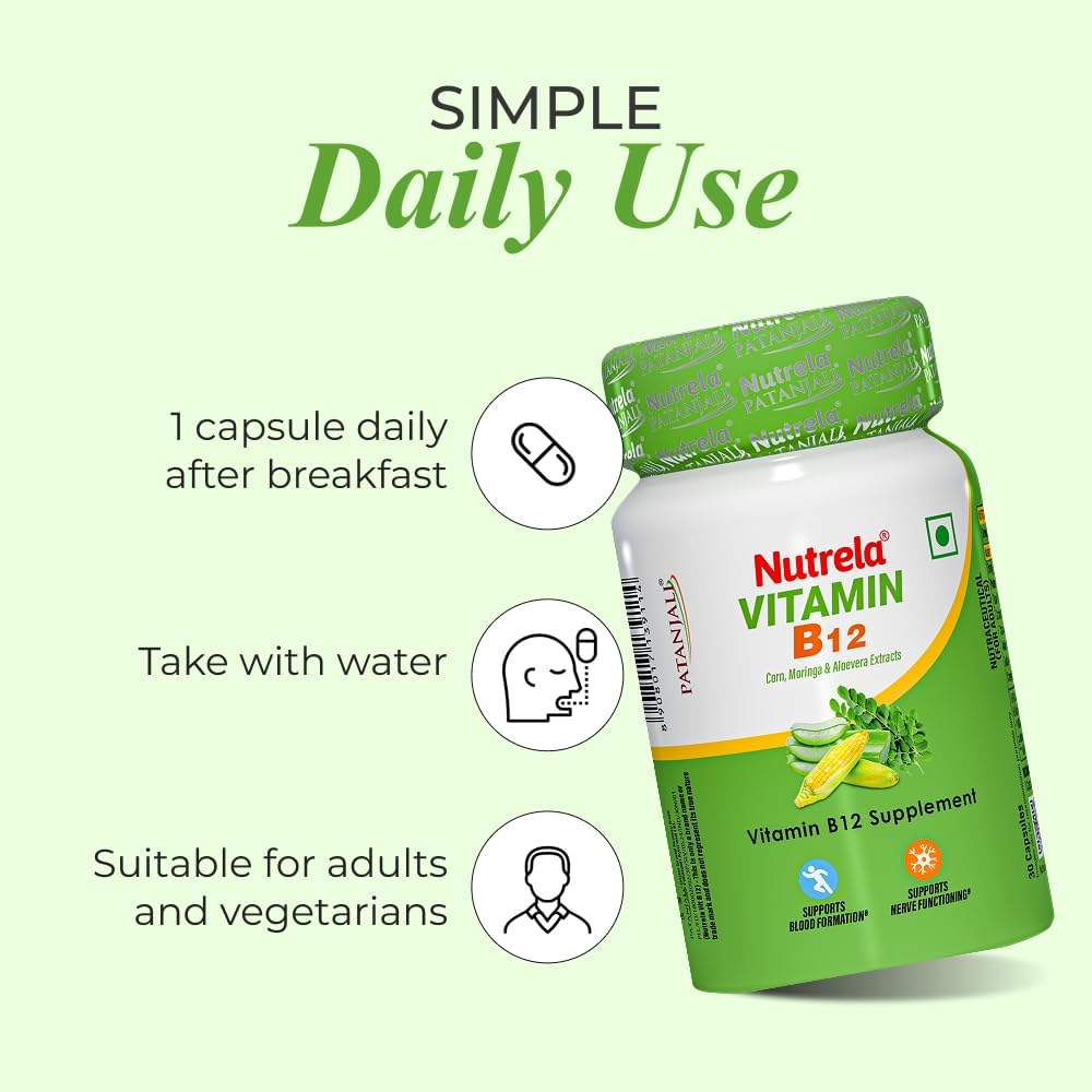 NUTRELA Patanjali Vitamin B12 Biofermented Plant Based Supplement for Men & Women with Moringa and Aloe Vera Extract - 30 Vegan Capsules (Pack of 2) - görsel 6