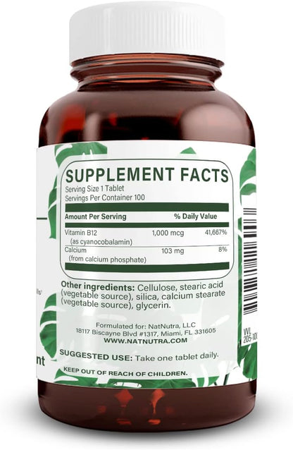 Natural Nutra Vitamin B12 1000 mcg – Slow-Release Cobalamin for Energy & Nerve Health, Vegan, Gluten-Free, 100 Tablets