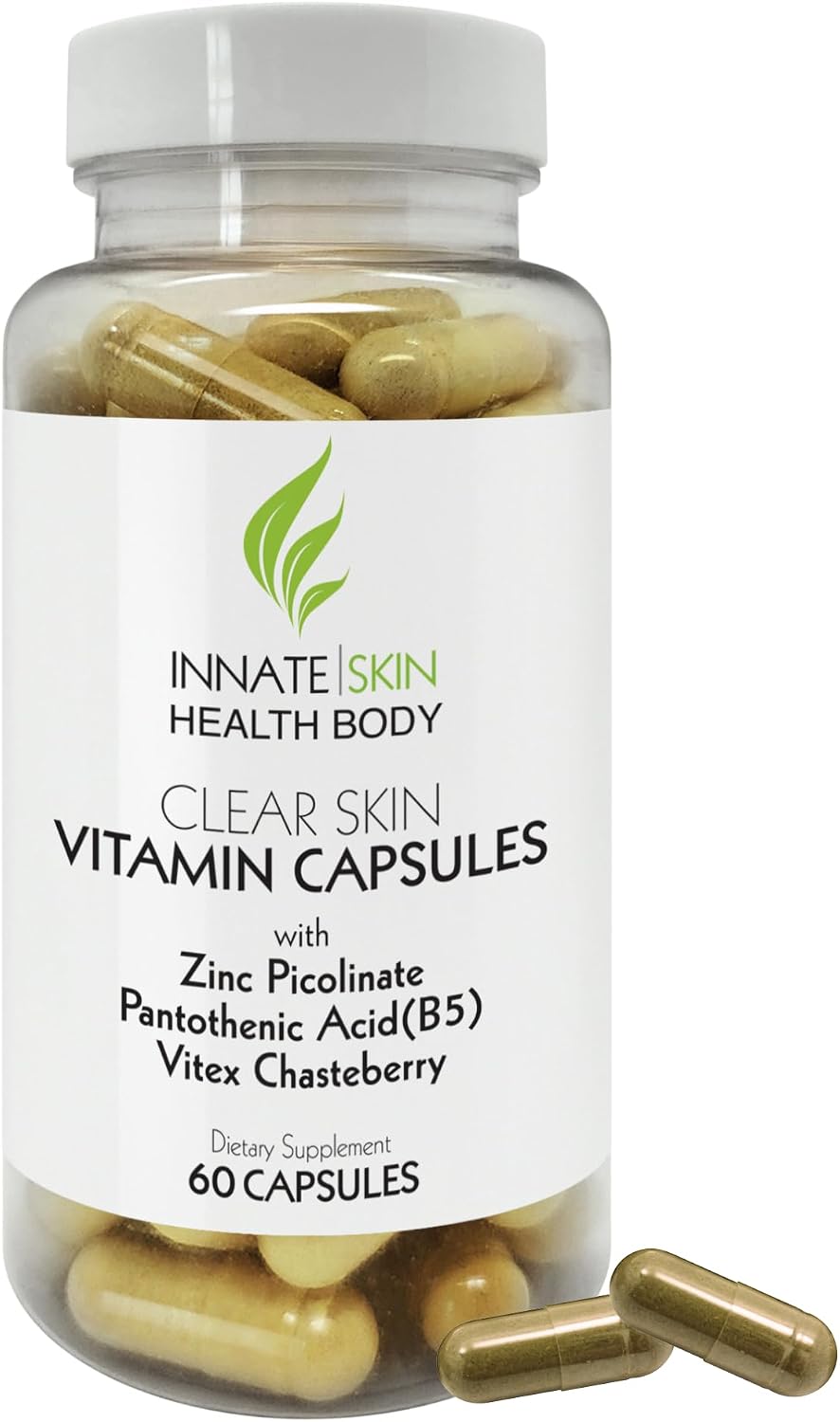 Clear Skin Acne Vitamins Capsules | Complexion Supplements with Pantothenic Acid B5, Zinc Picolinate, Vitex Chasteberry | 60 Count - görsel 1