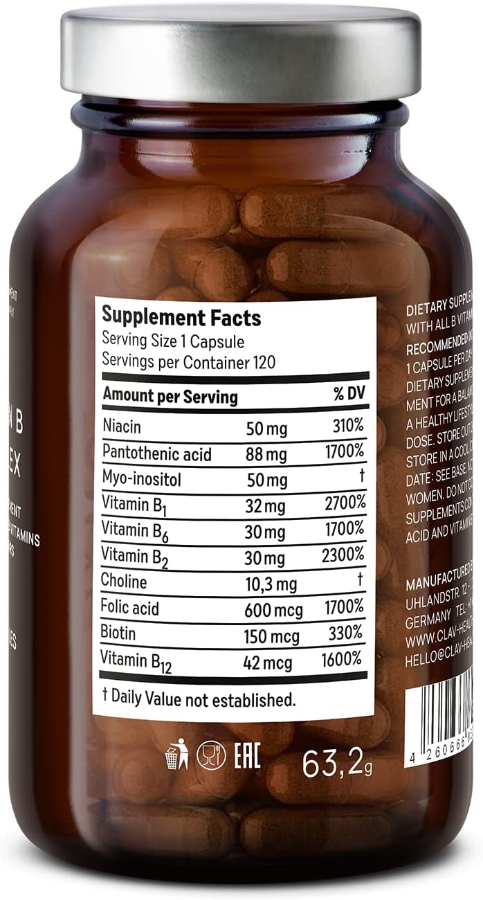 CLAV Vitamin B Complex - 120 Capsules - All 8 B Vitamins with Myo-Inositol & Choline - Supports Energy Metabolism - Vegan - Made in Germany - görsel 9