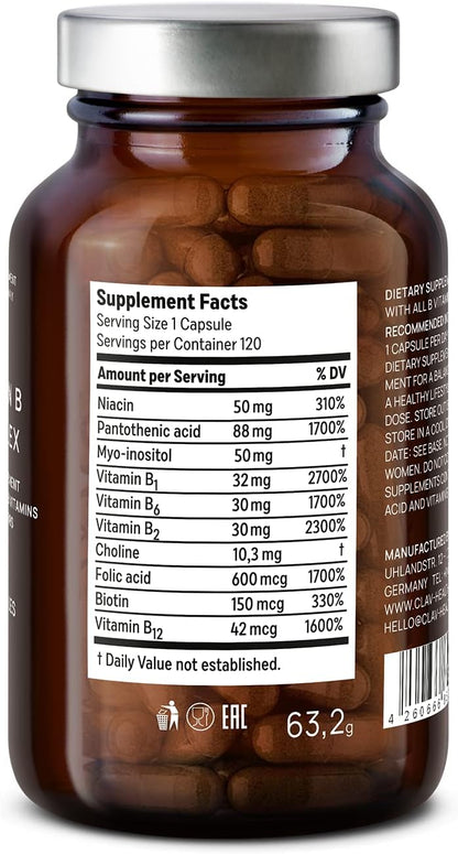 CLAV Vitamin B Complex - 120 Capsules - All 8 B Vitamins with Myo-Inositol & Choline - Supports Energy Metabolism - Vegan - Made in Germany