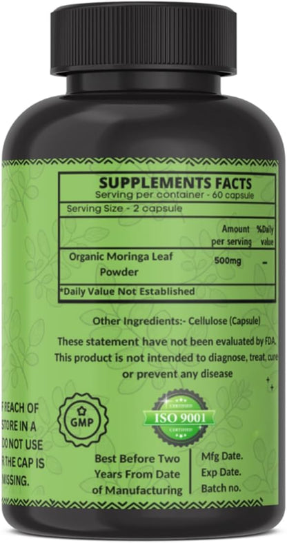 Organic Moringa Capsules | Green Moringa Leaf Supplement for Energy, Metabolism & Immune Support – 120 Capsules, Natural Superfood