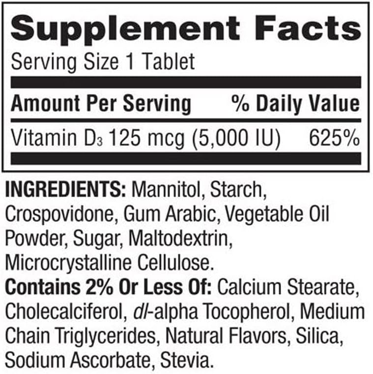 Spring Valley Extra Strength Vitamin D3 Fast Dissolve Tablets, 125 mcg (5,000 IU), Strawberry Flavour, 90 Count - görsel 2