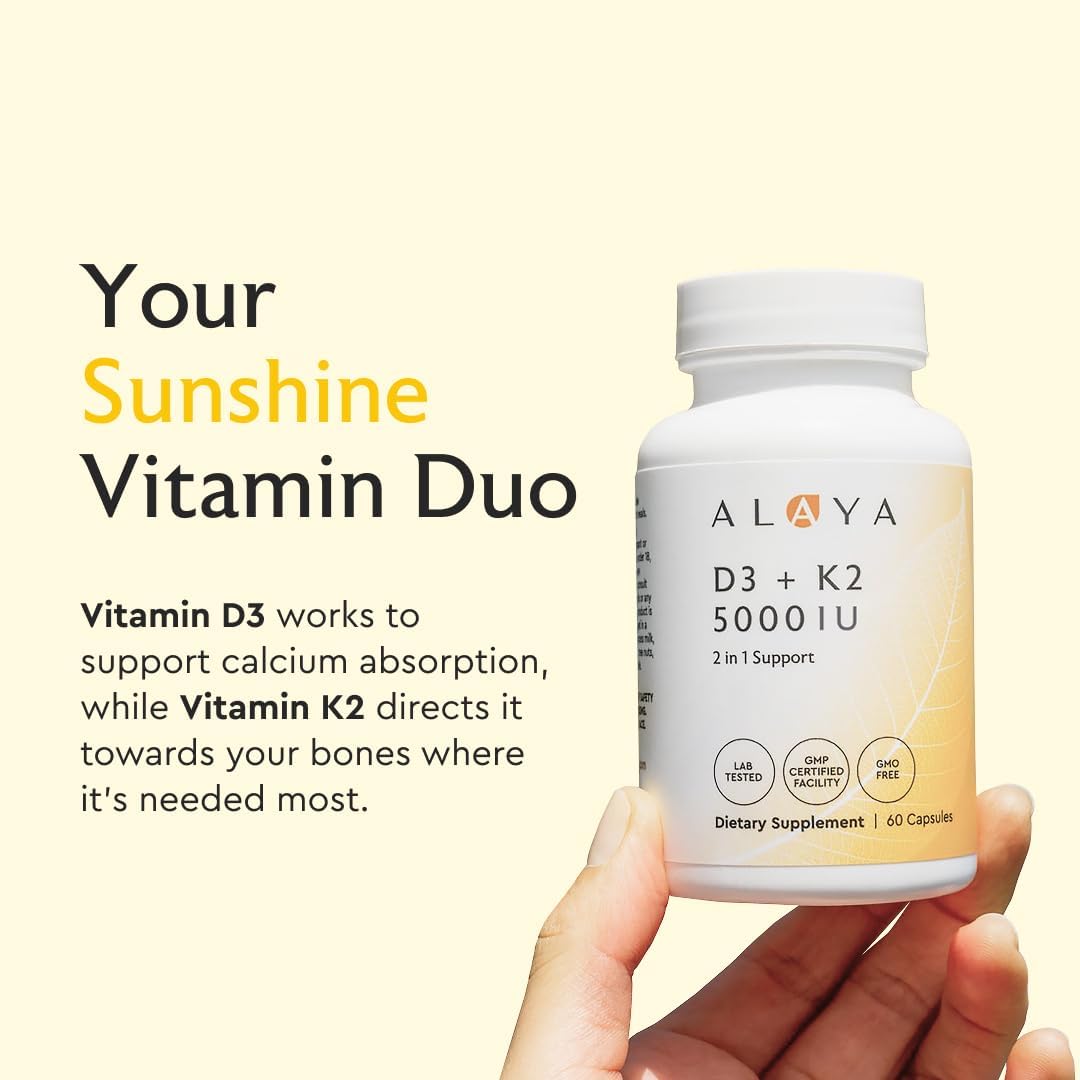 Alaya Naturals Vitamin D3 K2 Supplement – 5000 IU D3, 50 mcg K1, 15 mcg K2 MK-7 – High Absorption Capsules for Bone & Immune Support, Non-GMO, Vegetarian – 60 Count - görsel 3