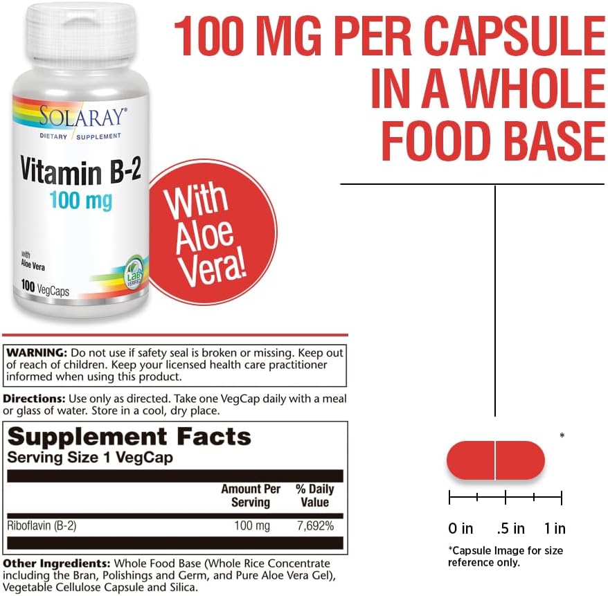 SOLARAY Vitamin B2 100 mg - Riboflavin for Energy Metabolism Support, Vegan, Non-GMO - 100 Veg Capsules - görsel 3