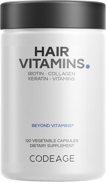 Codeage Hair Vitamins - 10,000 mcg Biotin with Keratin, Collagen and More - 120 Capsules