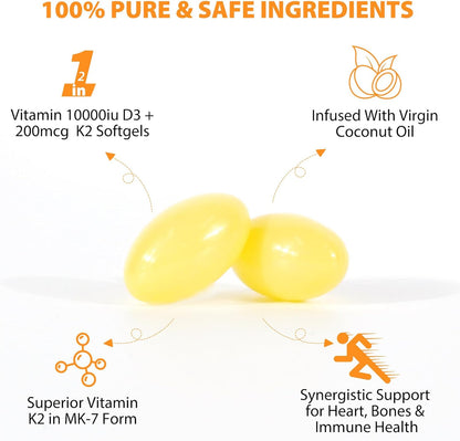 Vitamin D3 K2 Supplement Soft gel capsules, 10,000 IU D3 + 200 mcg K2 (MK-7) | 2-in-1 Replenish Formula with Coconut Oil, Supports Calcium Absorption, Easy to Swallow 120 Capsules