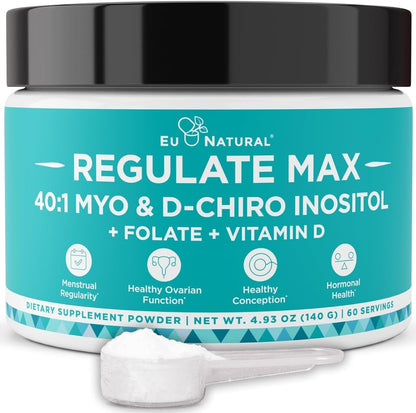 Regulate MAX Myo-Inositol & D-Chiro Inositol Food Supplement Powder with Vitamin D and Folate, Unflavoured, 60 Servings