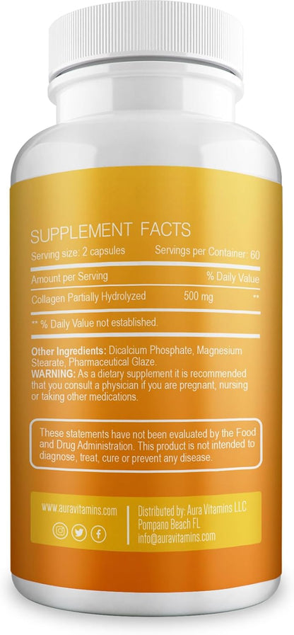 Aura Vitamin Hydrolysed Collagen with Vitamin C and Hyaluronic Acid Capsules, 500 mg, 120 Capsules (2 Bottles)