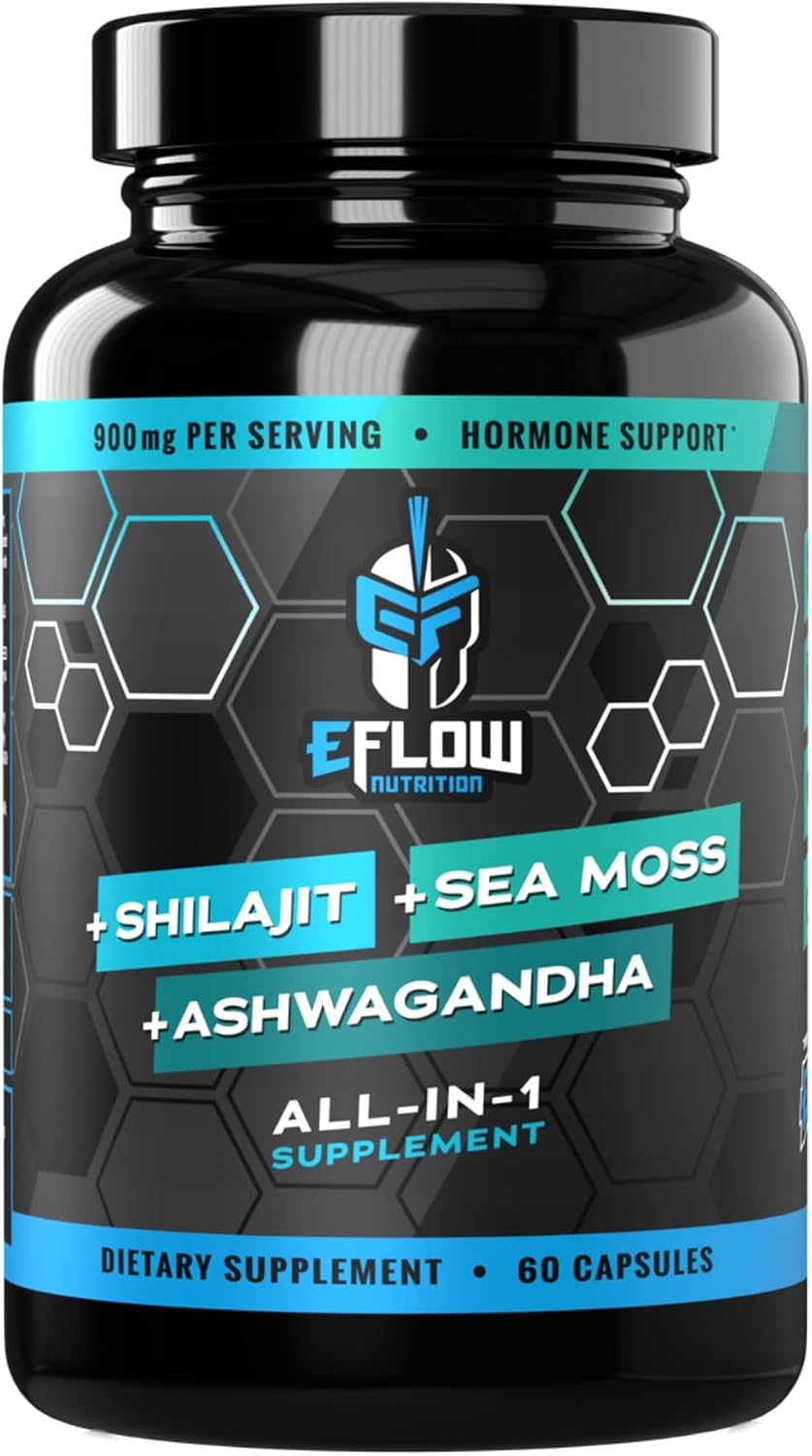 eFlow Nutrition Shilajit Capsules, Ashwagandha, Sea Moss [All-in-1] Trace Minerals, Fulvic Acid, Lab-Tested Pure Himalayan Shilajit for Men and Women | Energy, Vitality & Hormonal Support (60 Capsules) - görsel 1