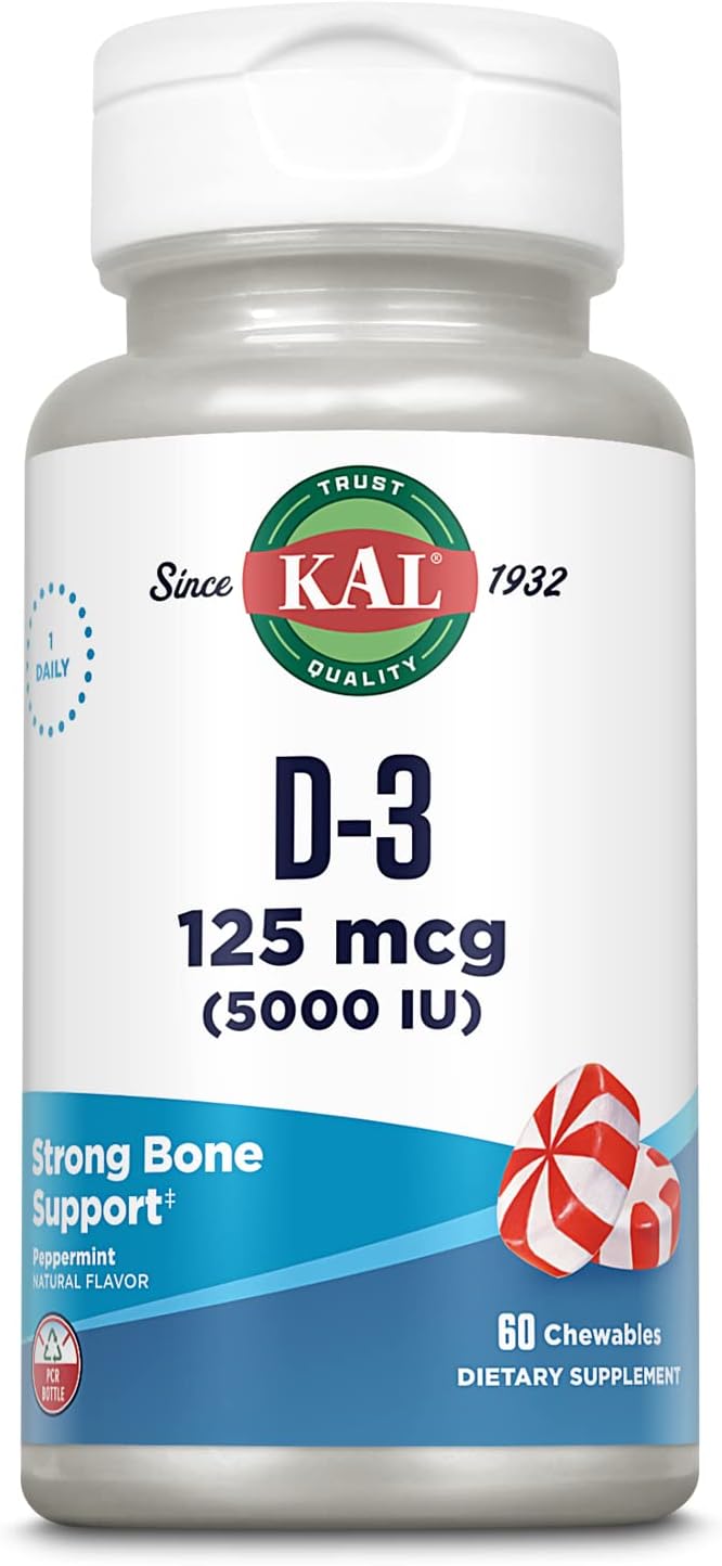 KAL Vitamin D3 Chewable, 5000 IU (125 mcg), Natural Peppermint Flavour, 60 Tablets - görsel 1