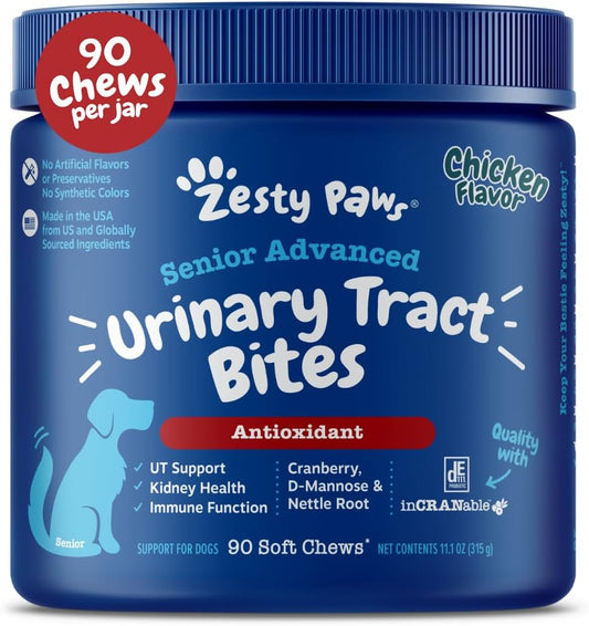 Zesty Paws Senior Cranberry Supplement for Dogs – Bladder Control for Senior Dogs – Urinary Tract Support – Cranberry Chews – Immune & Gut Support – Chicken – 90 Count