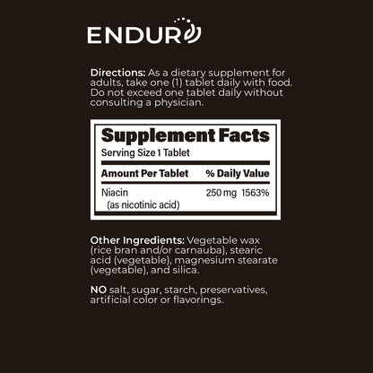 ENDUR-ACIN - Niacin B3 - ER (Extended Release) 250 mg - Nicotinic Acid - Healthy Heart & Cholesterol Balance Supplement - Low-Flush High-Potency Niacin with 4-8 HR Timed-Release Matrix - 200 Tablets