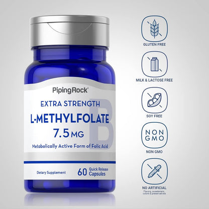 Piping Rock L-Methylfolate 7.5 mg | 60 Capsules | Extra Strength Supplement | Active Folate | Non-GMO, Gluten-free