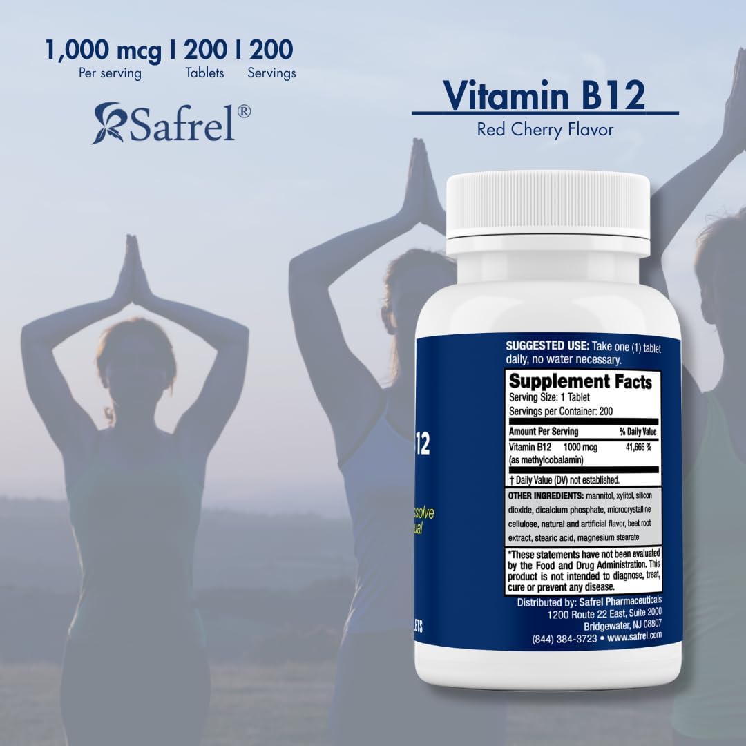 Safrel | Vitamin B12 Methylcobalamin | 1000 mcg | Fast Dissolve Tablets | 200 Count | Supports Normal Energy-Yielding Metabolism | Sublingual, Cherry Flavour, 200 Day Supply - görsel 4