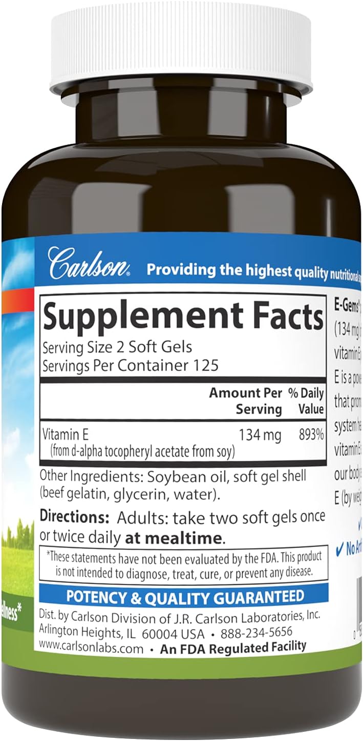 Carlson E-Gems 200 IU (134 mg), Natural-Source Vitamin E, Optimal Wellness, 250 Soft gel capsule Capsules - görsel 2