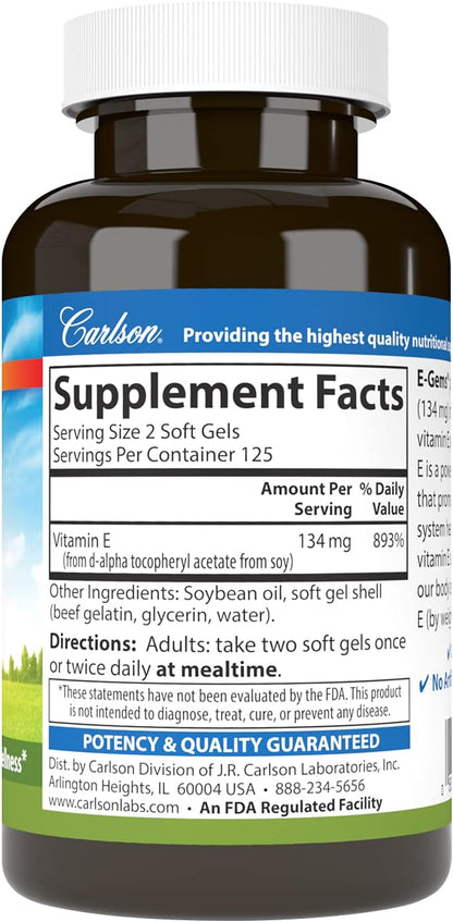 Carlson E-Gems 200 IU (134 mg), Natural-Source Vitamin E, Optimal Wellness, 250 Soft gel capsule Capsules