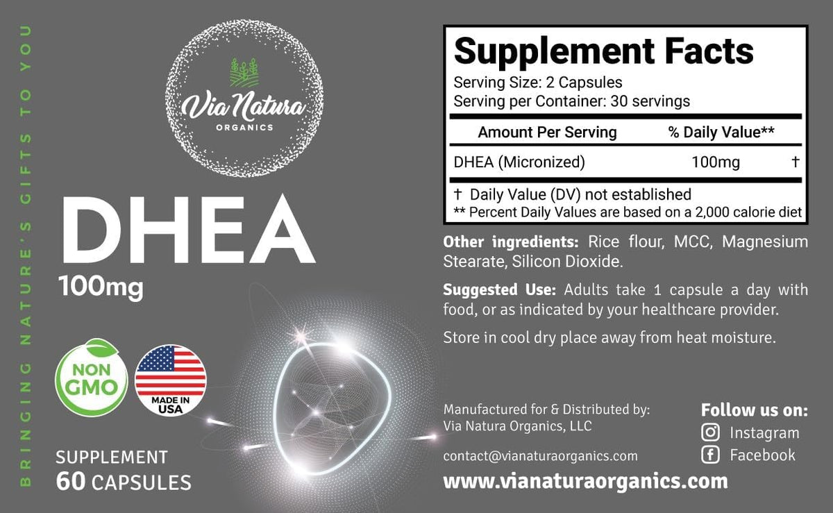 DHEA 100mg | Non-GMO | Gluten-free Supplement | 60 Capsules - görsel 5