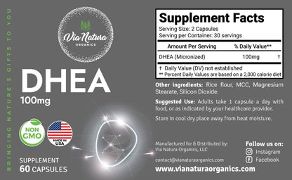 DHEA 100mg | Non-GMO | Gluten-free Supplement | 60 Capsules
