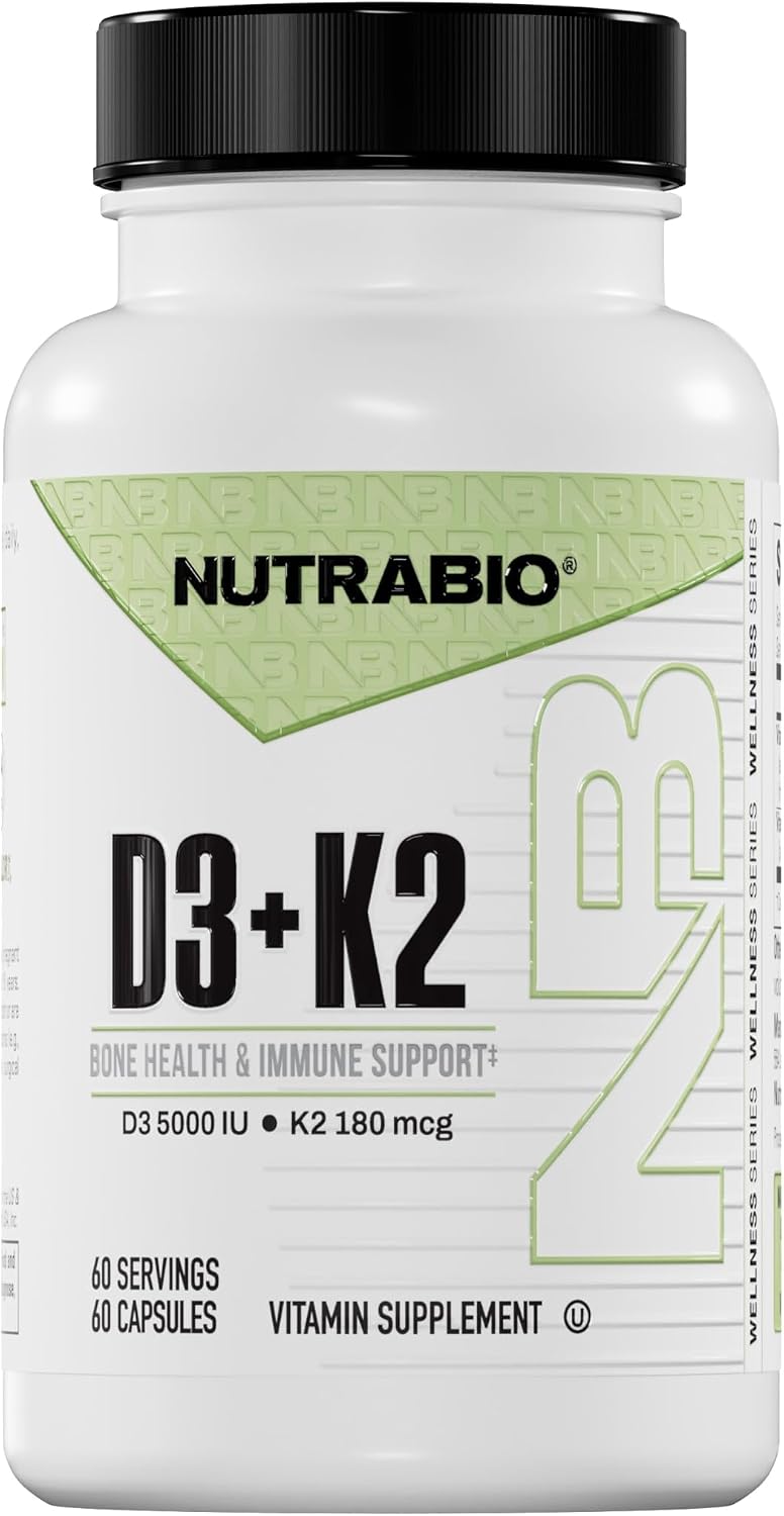 NutraBio Vitamin D3 & K2 - 5000 IU D3 + 180mcg Vitamin K2 (MK-7) - 60 Vegetable Capsules - görsel 1