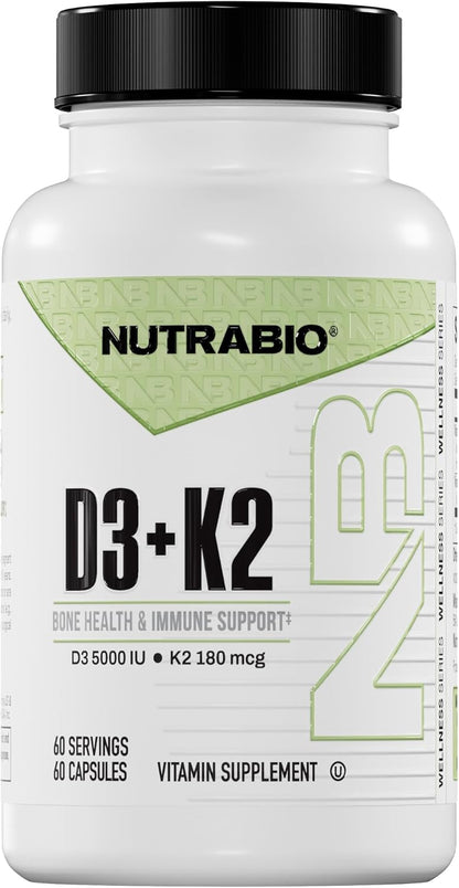 NutraBio Vitamin D3 & K2 - 5000 IU D3 + 180mcg Vitamin K2 (MK-7) - 60 Vegetable Capsules