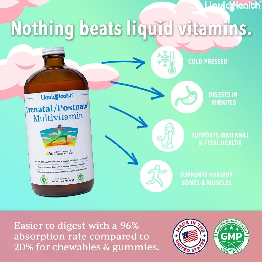 LIQUIDHEALTH Prenatal/Postnatal Liquid Multivitamin with Real Folate - Made in the USA, Vegan, Sugar-Free, Non-GMO (2 Pack) - görsel 2