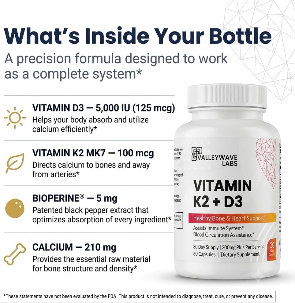 Vitamin D3 K2 Capsules - 2-in-1: Vitamin K2 MK7 100 mcg + Vitamin D3 5000 IU (125 mcg) - Bones, Teeth, Muscles & Immune Health - 60 Capsules - görsel 3