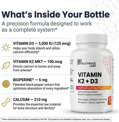 Vitamin D3 K2 Capsules - 2-in-1: Vitamin K2 MK7 100 mcg + Vitamin D3 5000 IU (125 mcg) - Bones, Teeth, Muscles & Immune Health - 60 Capsules