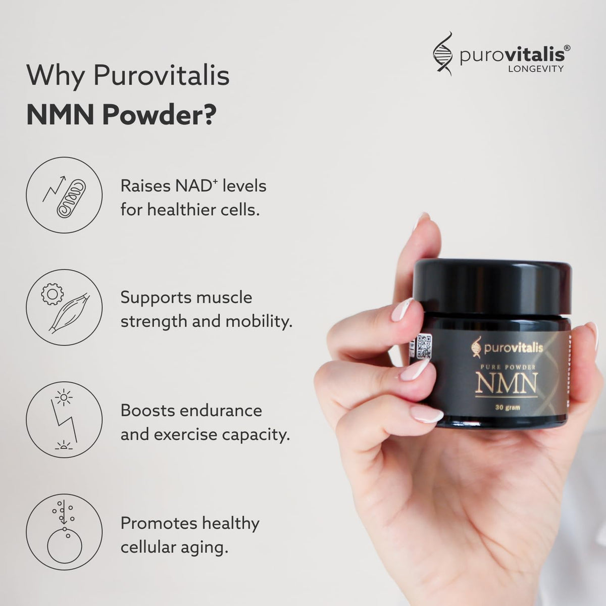 PUROVITALIS NMN Powder – 99% Pure Longevir Nicotinamide Mononucleotide, NAD+ Boost, 30g (2-Month Supply) - görsel 2