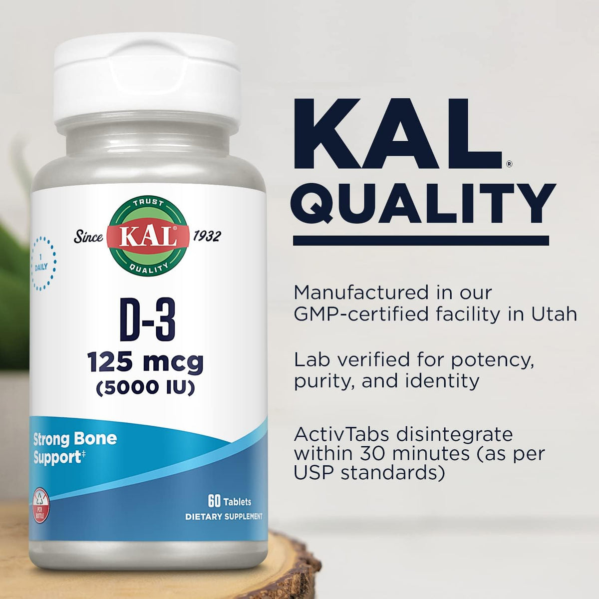 KAL Vitamin D3 5000 IU 125 mcg, High Potency Vitamin D Tablets, Calcium Absorption, Bone Health and Immune Support Supplement, Rapid Disintegration D-3 ActivTabs, 60-Day Guarantee, 60 Serv, 60 Tablets - görsel 4