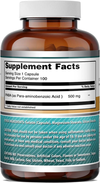 Amazing Formulae PABA 500 mg Food Supplement | Non-GMO | Gluten-Free | Made in USA (100 Capsules)
