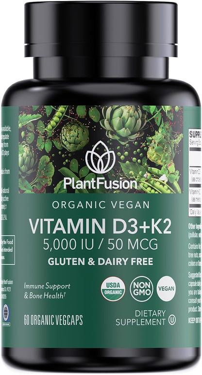 PlantFusion Organic Vegan Vitamin D3 + K2 5,000 IU, 50MCG - 60 Capsules