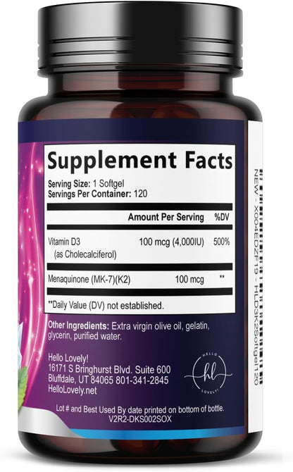 Vitamin D3 with K2 (MK-7) - 4000 IU D3 + 100 mcg K2 per Serving - 120 Soft gel capsules