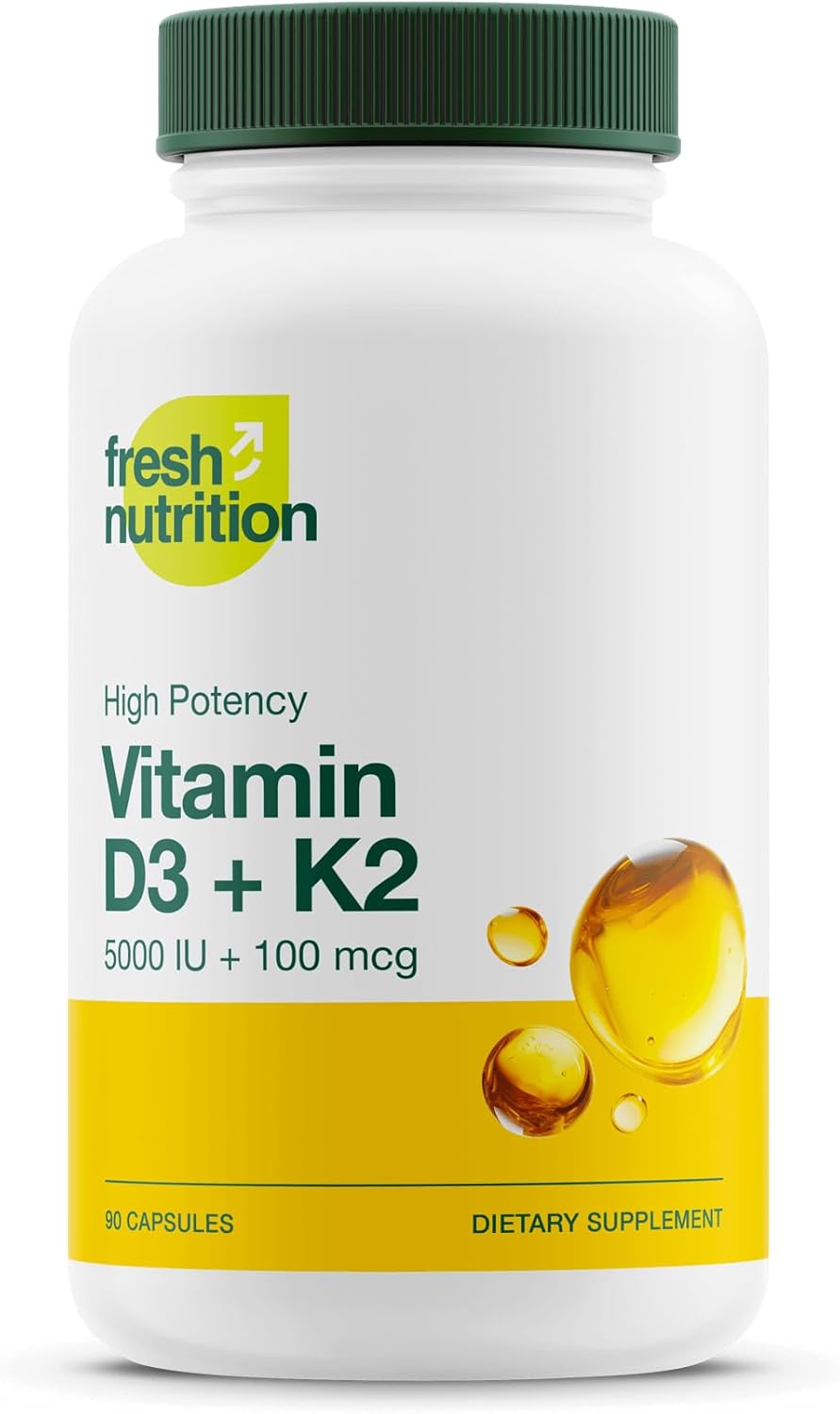 Fresh Nutrition Vegan Vitamin D3 + K2 Capsules - 5000 IU D3 + 100mcg K2 as MK-7 for Optimal Absorption - Immune Health, Bone Health - Non GMO - 90 Capsules, 3 Month Supply - görsel 1