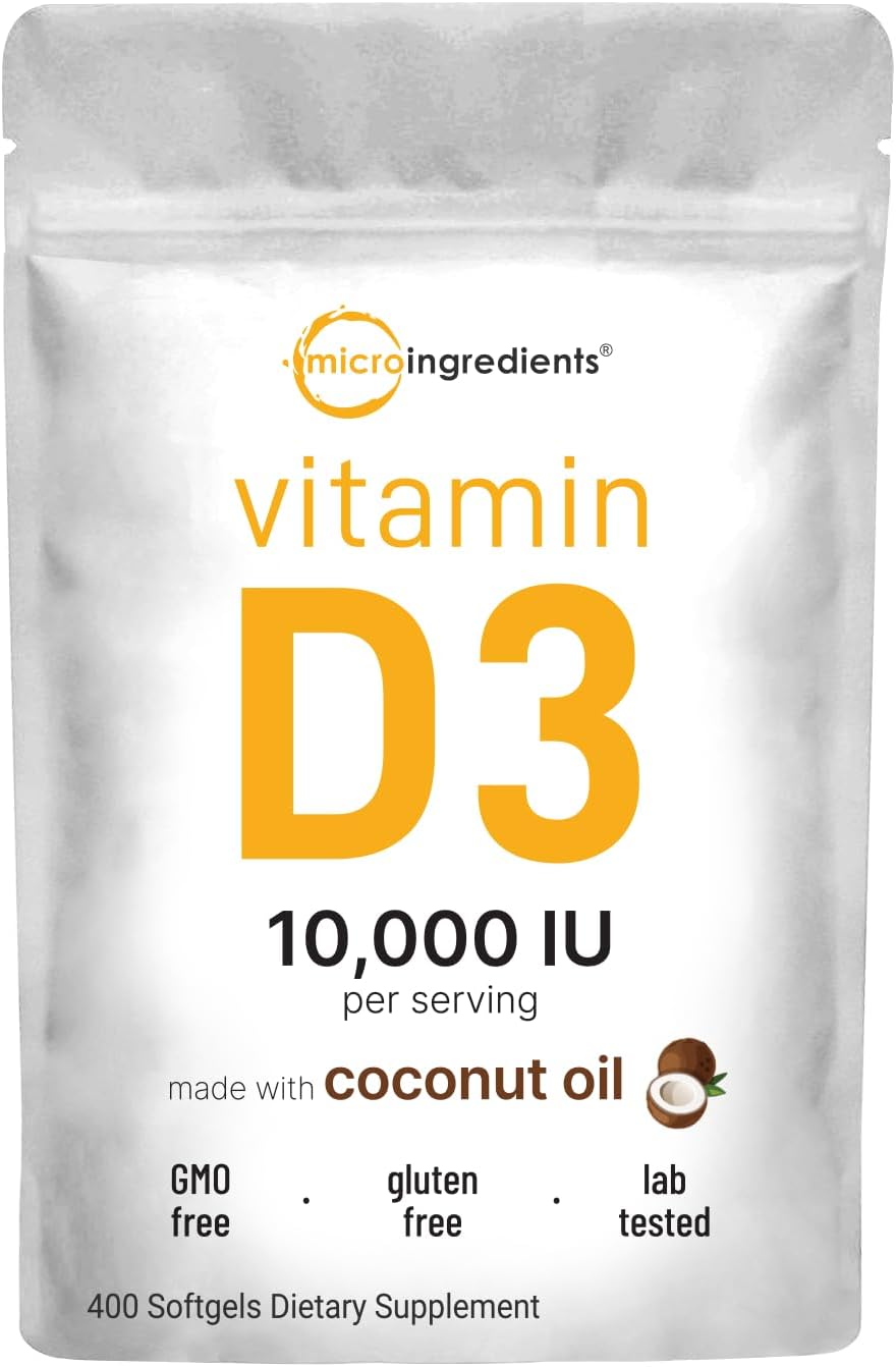 Micro Ingredients Vitamin D3 10,000 IU with Virgin Coconut Oil – 400 Soft gel capsules - görsel 1