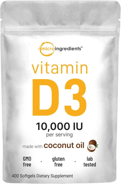 Micro Ingredients Vitamin D3 10,000 IU with Virgin Coconut Oil – 400 Soft gel capsules