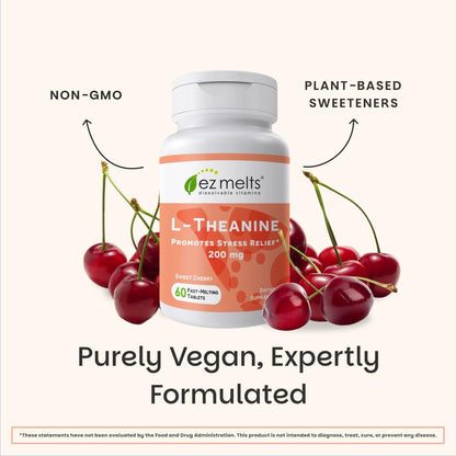 EZ Melts L-Theanine 200 mg – Calm & Relaxation Support – Natural Cherry Flavour – 60 Dissolvable Tablets
