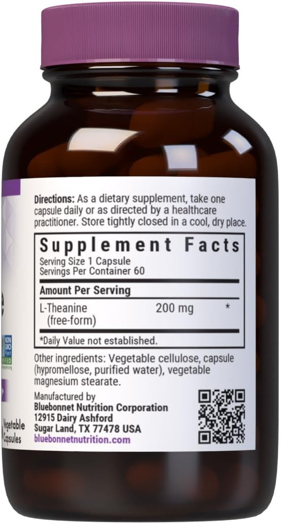 Bluebonnet Nutrition L-Theanine 200mg, Free-Form Amino Acid, Promotes Relaxation, Vegan, 60 Capsules - görsel 2