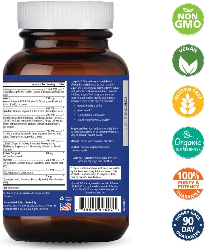 PURE ESSENCE LABS Longevity Multivitamin for Men Over 40 – Super Energetic with Superfoods, Minerals, Enzymes, Vitamin D3, B12, Biotin – 120 Tablets - görsel 3